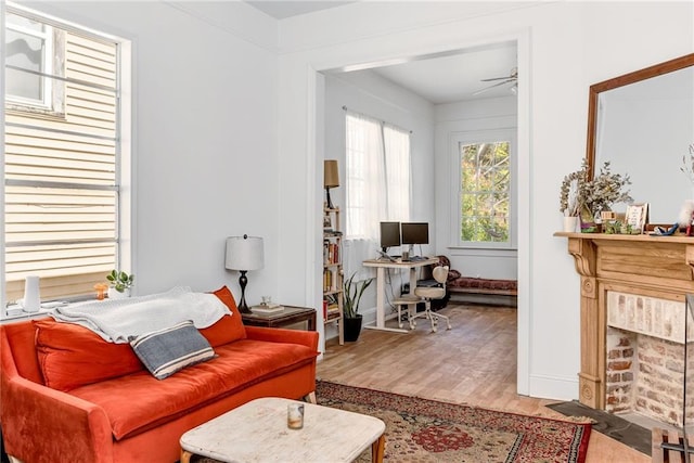 living area featuring wood finished floors and a ceiling fan