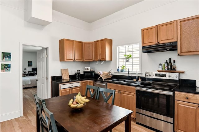 kitchen with light wood finished floors, dark countertops, under cabinet range hood, stainless steel range with electric cooktop, and a sink