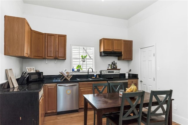 kitchen featuring under cabinet range hood, appliances with stainless steel finishes, dark countertops, and a sink