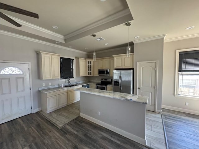 kitchen with a raised ceiling, cream cabinetry, appliances with stainless steel finishes, and a kitchen island