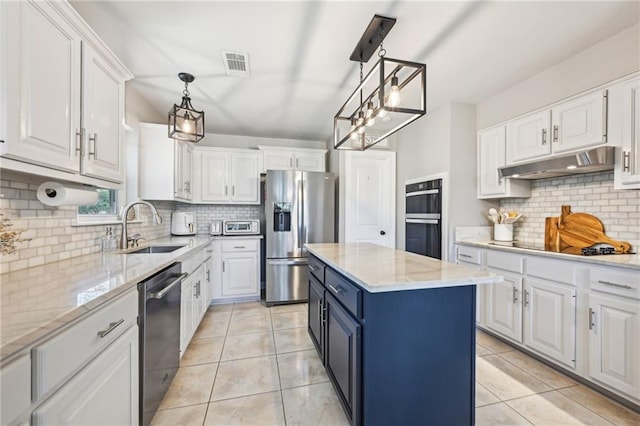 kitchen with black appliances, under cabinet range hood, a sink, white cabinets, and light tile patterned floors