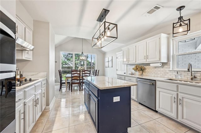 kitchen featuring visible vents, dishwasher, white cabinets, black electric cooktop, and a sink