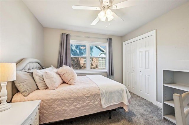 bedroom featuring a closet, ceiling fan, and carpet