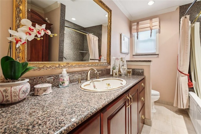 full bathroom featuring tile patterned flooring, curtained shower, toilet, ornamental molding, and vanity