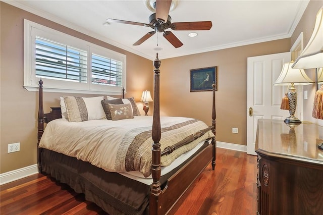 bedroom with baseboards, dark wood-type flooring, and crown molding