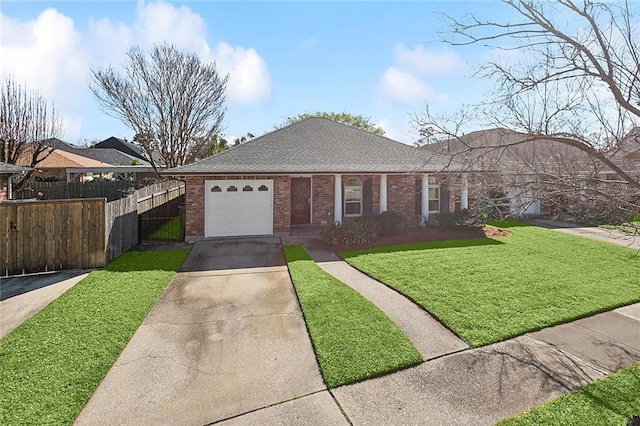 ranch-style home featuring driveway, fence, a front yard, an attached garage, and brick siding