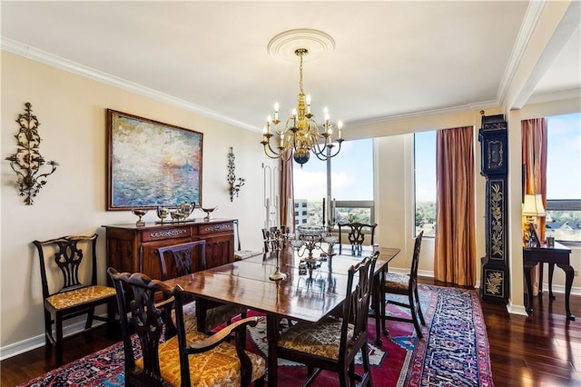 dining area featuring an inviting chandelier, crown molding, baseboards, and wood-type flooring