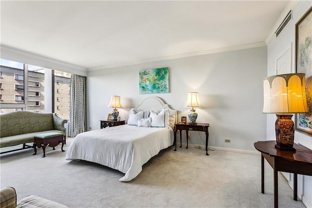 bedroom with visible vents, baseboards, light colored carpet, and crown molding