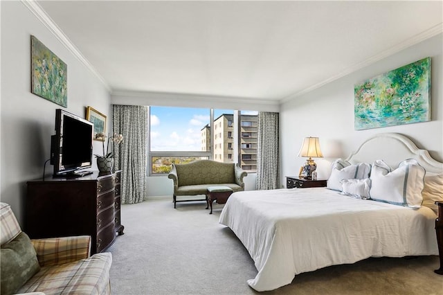 carpeted bedroom with crown molding