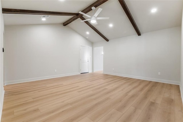 unfurnished room with vaulted ceiling with beams, visible vents, light wood-type flooring, and ceiling fan