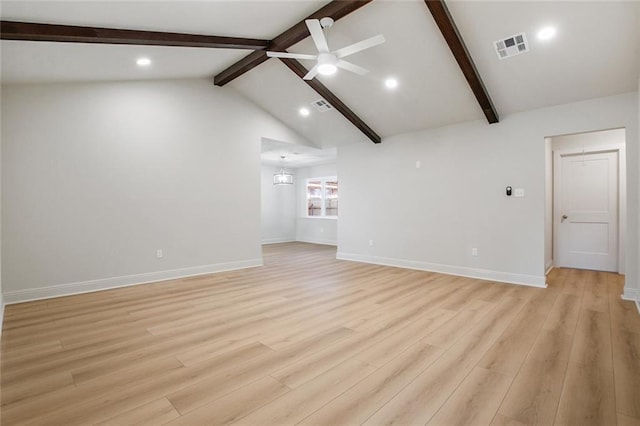 unfurnished living room featuring vaulted ceiling with beams, ceiling fan with notable chandelier, visible vents, and light wood finished floors