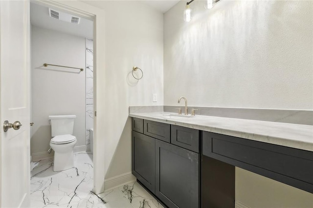 bathroom featuring visible vents, baseboards, toilet, marble finish floor, and vanity