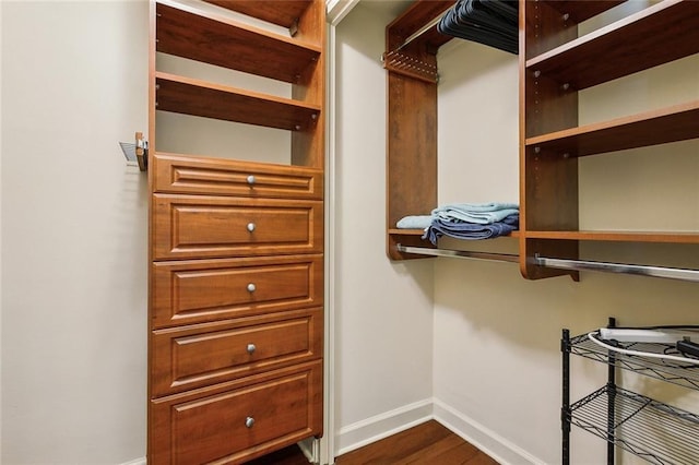 spacious closet with dark wood finished floors