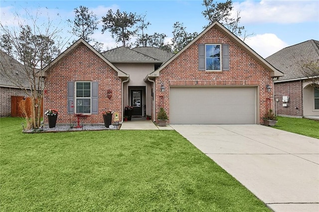 traditional-style home with a front yard, concrete driveway, fence, and brick siding