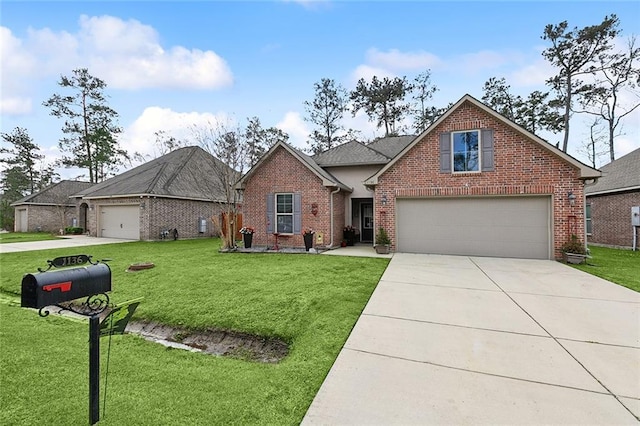 traditional home featuring a garage, brick siding, concrete driveway, and a front yard