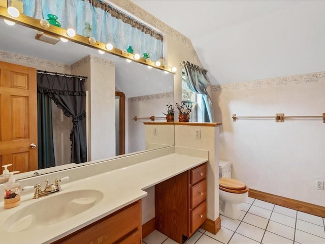 full bathroom featuring vanity, a shower with shower curtain, lofted ceiling, tile patterned floors, and toilet