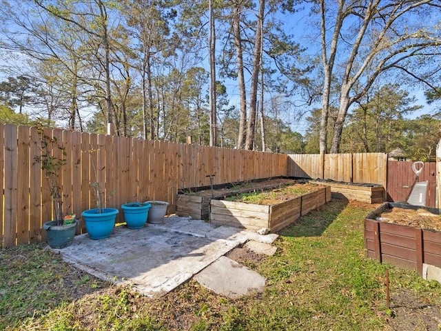 view of yard with a vegetable garden and a fenced backyard