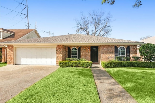 single story home featuring a shingled roof, concrete driveway, a front yard, an attached garage, and brick siding