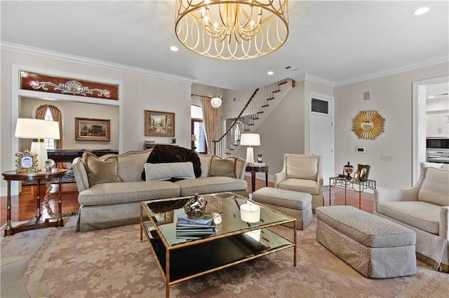 living room featuring stairway, recessed lighting, wood finished floors, and ornamental molding