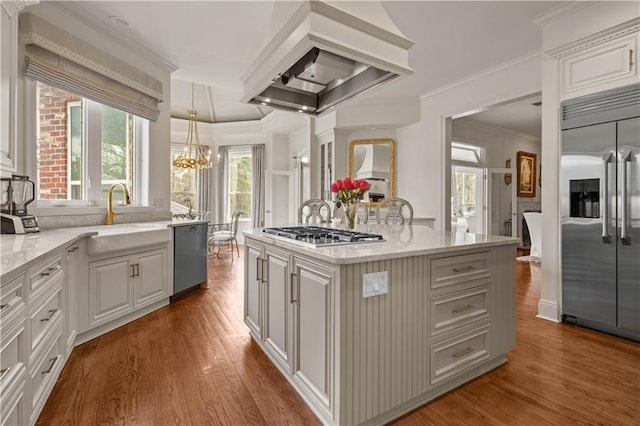 kitchen featuring a sink, custom exhaust hood, appliances with stainless steel finishes, and wood finished floors