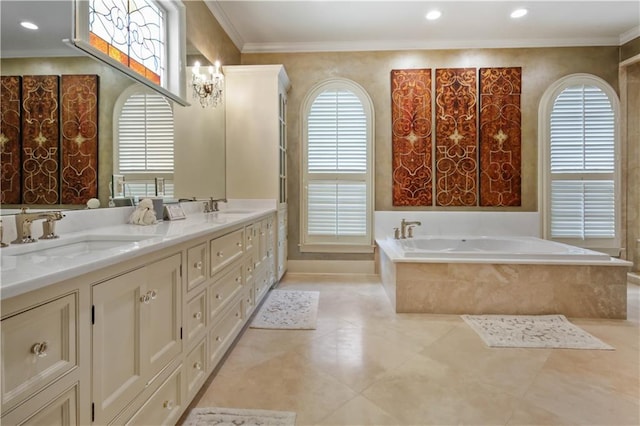 full bathroom with a sink, double vanity, a bath, and crown molding