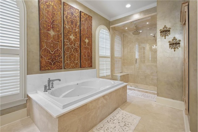 bathroom featuring baseboards, a garden tub, ornamental molding, a stall shower, and tile patterned floors