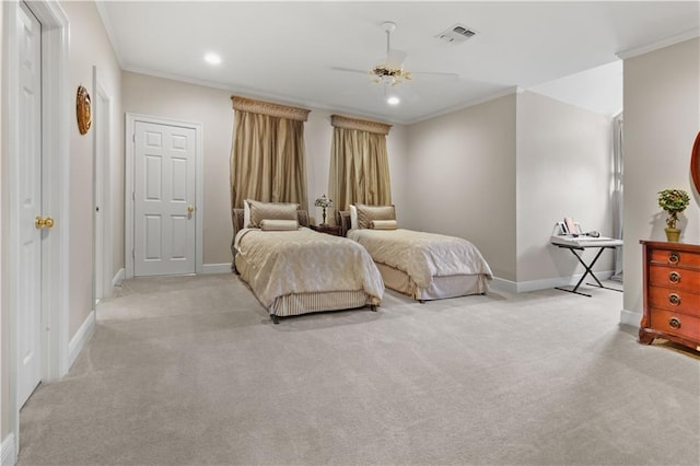 bedroom featuring visible vents, crown molding, baseboards, light carpet, and recessed lighting