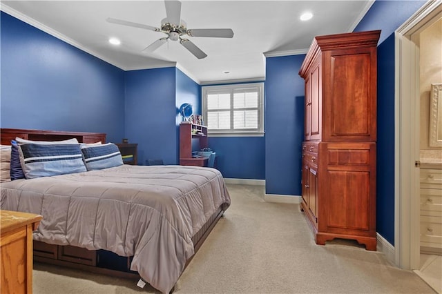 bedroom with recessed lighting, baseboards, light colored carpet, and crown molding