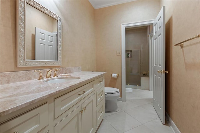 full bath with tile patterned floors, toilet, a stall shower, ornamental molding, and vanity