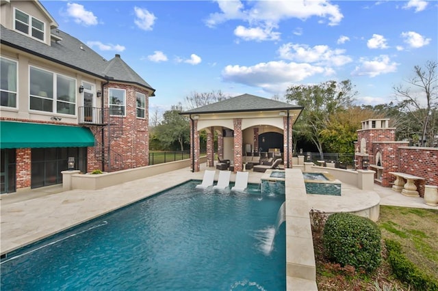 view of pool featuring a patio area, an outdoor living space with a fireplace, a fenced in pool, and fence