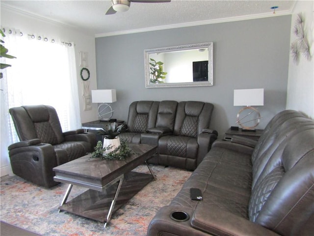 living area featuring a textured ceiling, ceiling fan, and crown molding