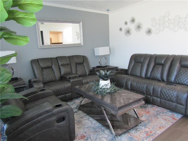 living area featuring a textured ceiling, wood finished floors, and crown molding