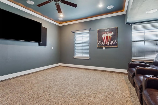 interior space featuring ceiling fan, recessed lighting, baseboards, and ornamental molding