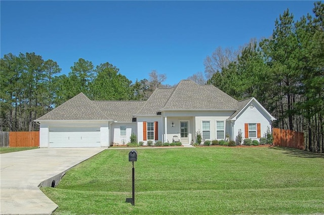 ranch-style house featuring stucco siding, concrete driveway, a garage, and fence