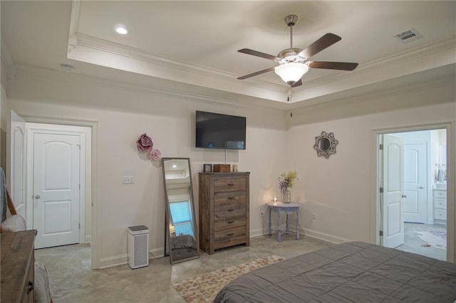 bedroom with baseboards, a raised ceiling, visible vents, and ornamental molding