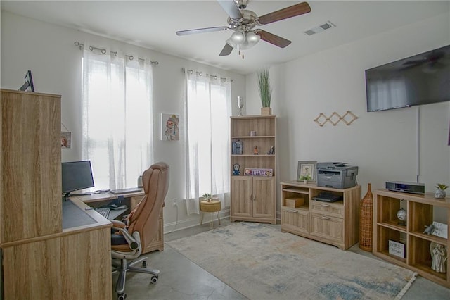 office area with a ceiling fan, visible vents, and a wealth of natural light