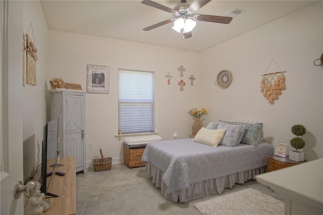 bedroom featuring a ceiling fan, visible vents, and baseboards