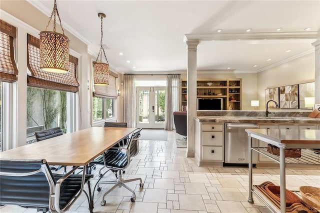 kitchen with stone tile flooring, dishwasher, crown molding, and a sink