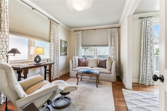 living area featuring wood finished floors, baseboards, and ornamental molding