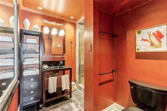 bathroom featuring crown molding, recessed lighting, a stall shower, tile patterned floors, and vanity