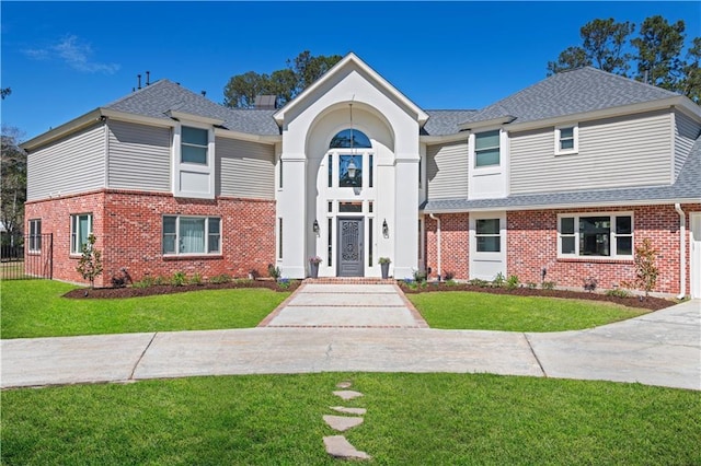 view of front of property with brick siding, roof with shingles, and a front yard