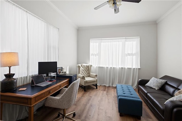 home office featuring crown molding, ceiling fan, and wood finished floors