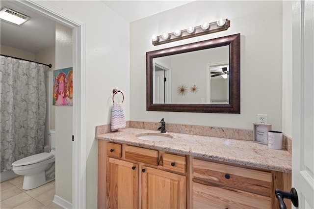 full bathroom featuring visible vents, toilet, tile patterned flooring, ceiling fan, and vanity