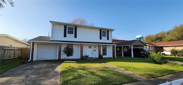 traditional-style home featuring a front lawn, fence, concrete driveway, an attached garage, and brick siding