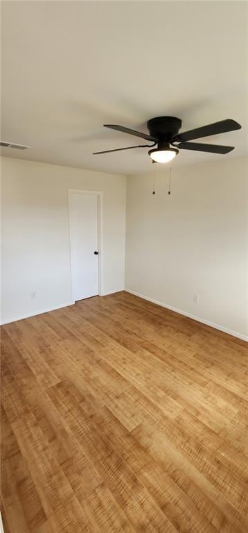 unfurnished room featuring visible vents, a ceiling fan, and light wood-style floors