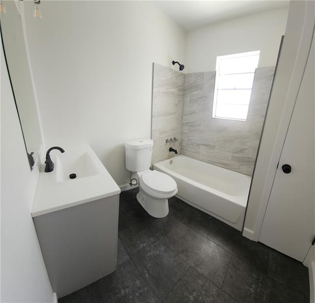 bathroom featuring shower / bathtub combination, toilet, vanity, and baseboards