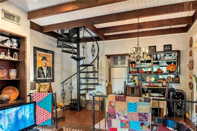 interior space with stairway, visible vents, concrete floors, beamed ceiling, and a notable chandelier