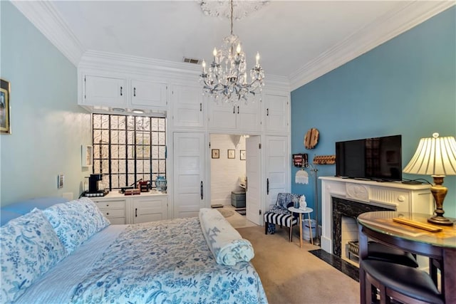 bedroom with visible vents, a high end fireplace, carpet floors, crown molding, and a chandelier