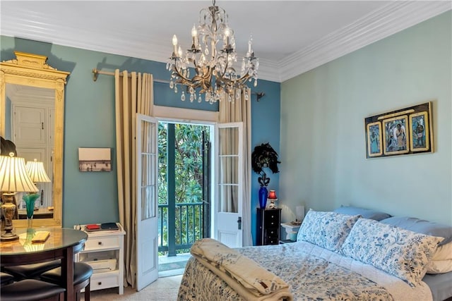 bedroom with ornamental molding, a chandelier, carpet flooring, and access to exterior