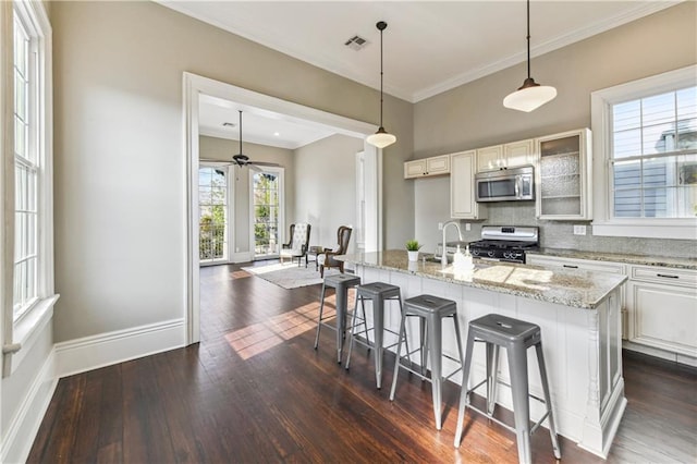 kitchen with baseboards, visible vents, dark wood-style flooring, stainless steel appliances, and a kitchen breakfast bar